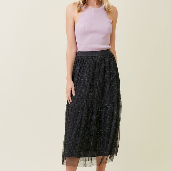 MYSTREE Black Sparkle Mesh Midi Skirt | Shimmer Tiered Tulle | Boutique Trendy - Picture 7 of 8